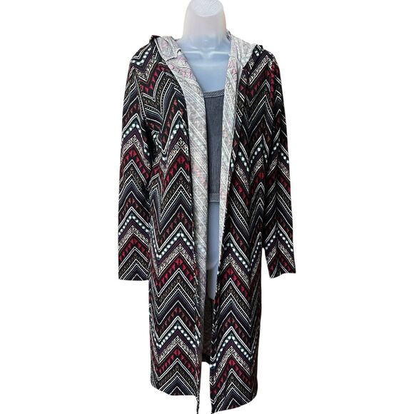 Cato Hooded Multicolor Chevron Duster Cardigan Sz L Aztec Geometric Artsy Tribal - Picture 1 of 11